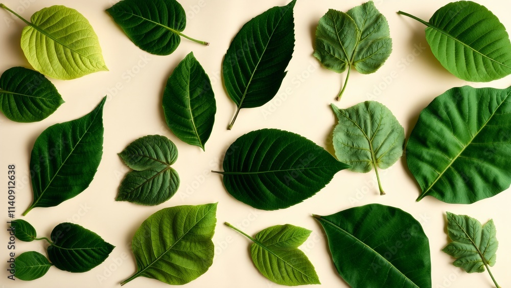 Diverse Collection of Green Leaves on Neutral Background Diverse Collection of Green Leaves on Neutral Background