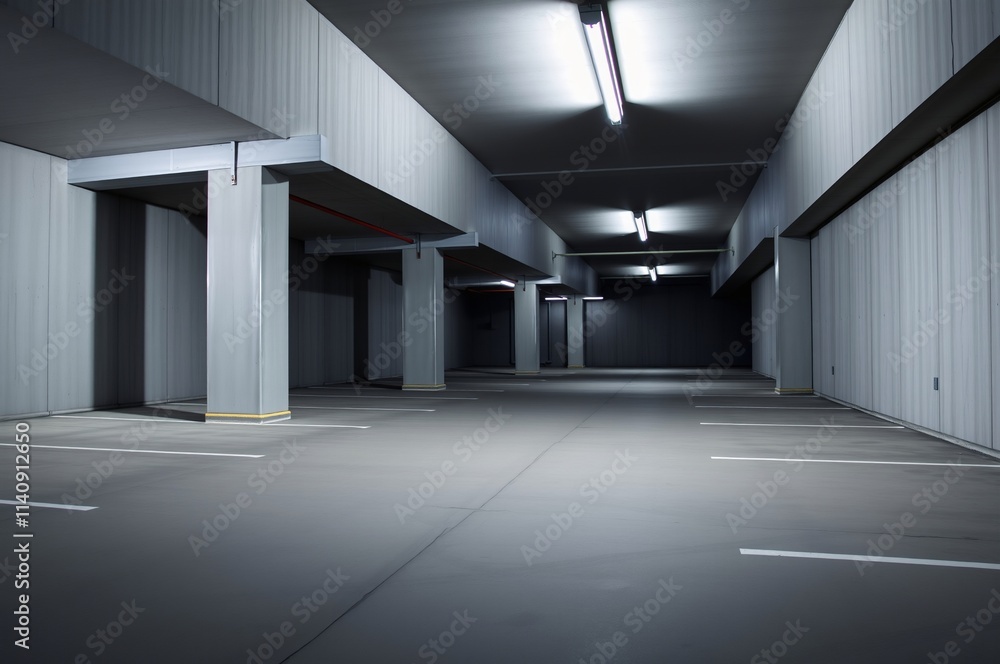 Dimly Lit Modern Parking Garage Interior with Empty Spaces Dimly Lit Modern Parking Garage Interior with Empty Spaces