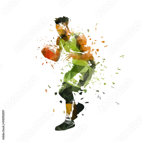 Basketball player with ball, isolated low poly vector illustration. Team sport athlete