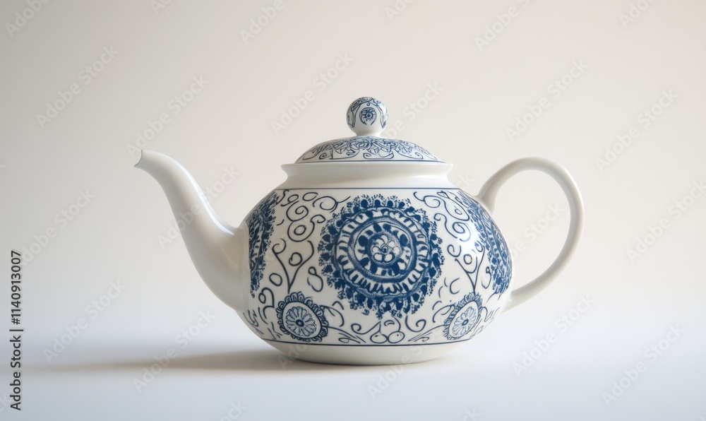 A blue and white tea pot with a white lid