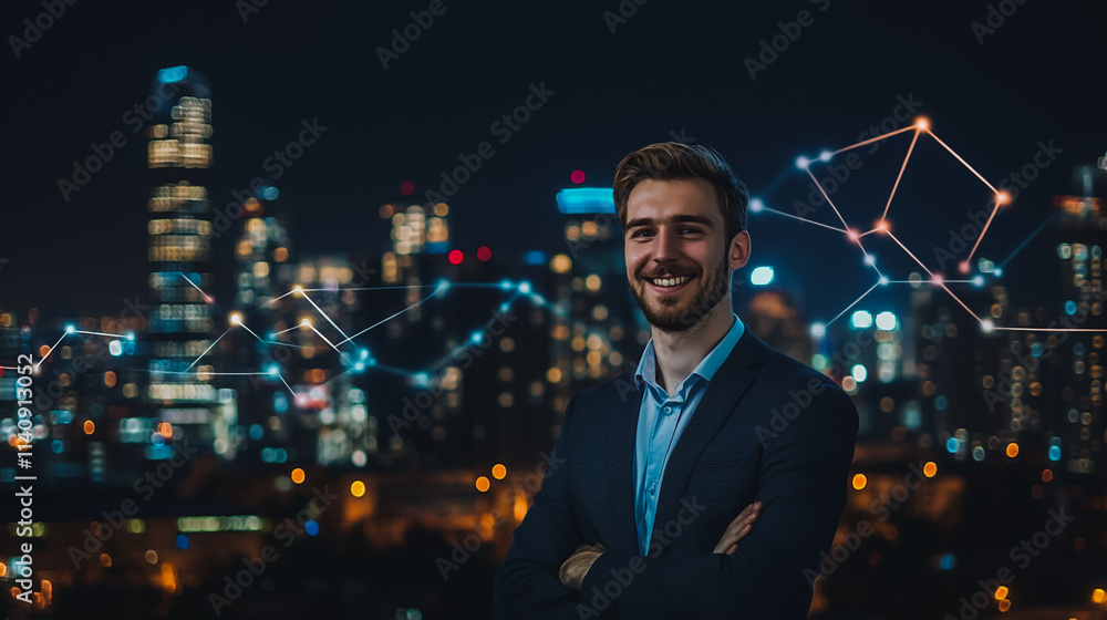 Abstract businessman stands on the peak of success Smart digital city with connection cyber security network reciprocity over the cityscape future wireless digital city and social media networking
Abstract businessman stands on the peak of success Smart digital city with connection cyber security network reciprocity over the cityscape future wireless digital city and social media networking