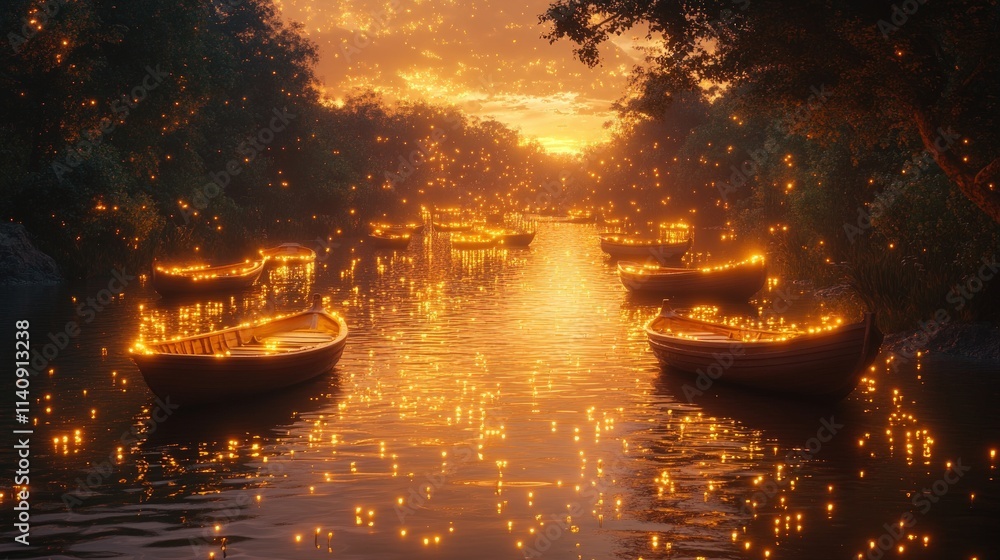 Fototapeta premium Firefly-lit boats float on calm, golden river.