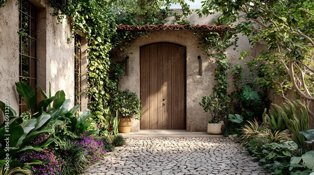 A stone path leads to a wooden door surrounded by greenery and potted plants on either side of a stone building A stone path leads to a wooden door surrounded by greenery and potted plants on either side of a stone building