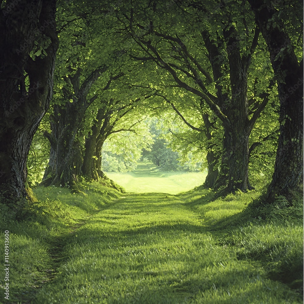 Lush green pathway through a serene forest, inviting exploration and tranquility. Lush green pathway through a serene forest, inviting exploration and tranquility.
