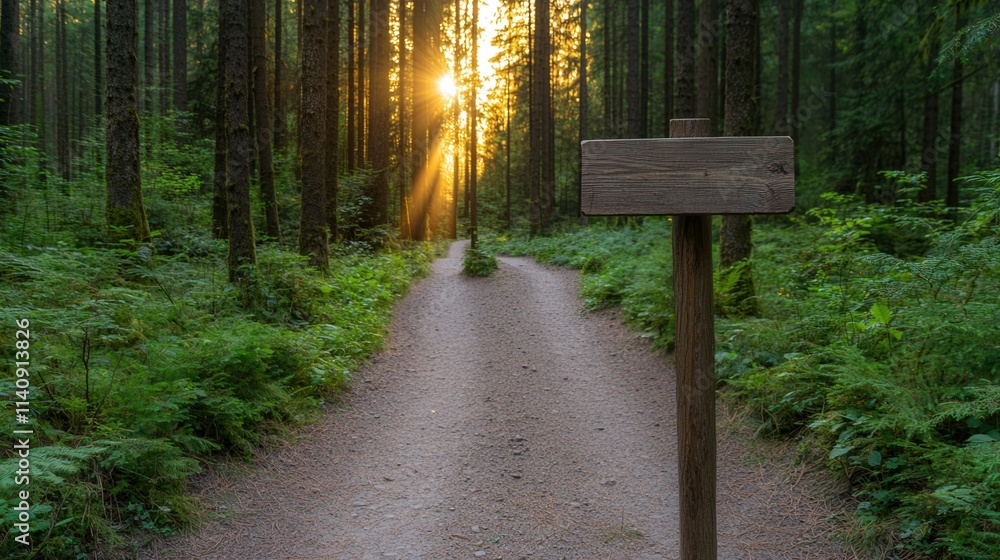 Path of beginning and start exploration, A serene forest path illuminated by soft sunlight, surrounded by lush greenery and a signpost, inviting exploration. Path of beginning and start exploration, A serene forest path illuminated by soft sunlight, surrounded by lush greenery and a signpost, inviting exploration.