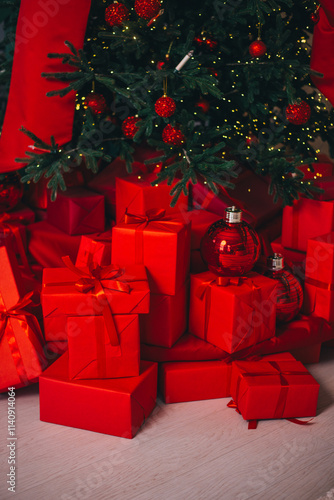 Many gift boxes near decorated Christmas tree