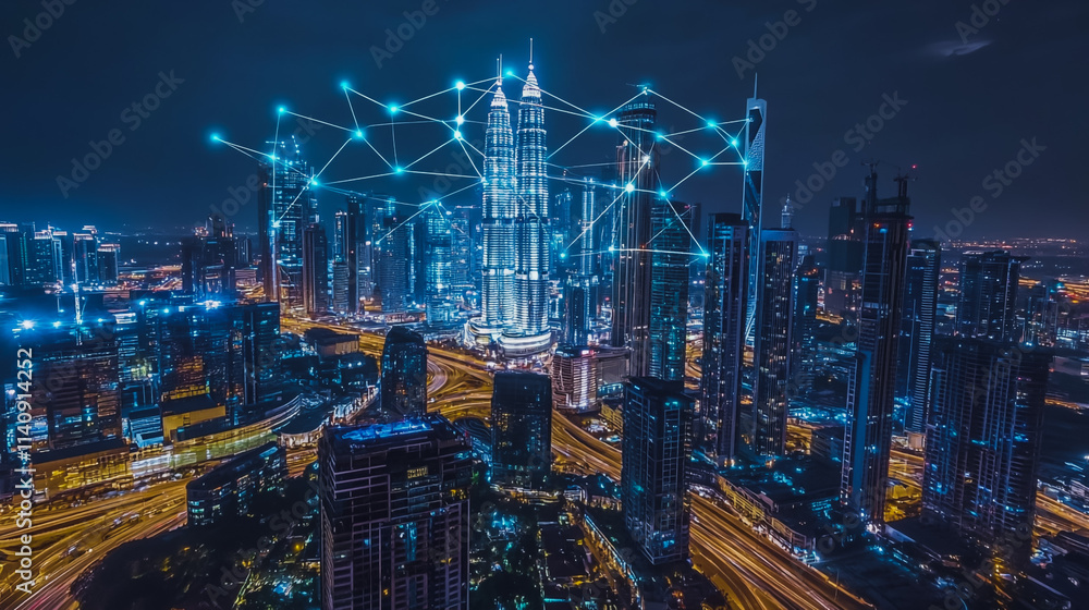 Naklejka premium Smart digital city with connection cyber security network reciprocity over the cityscape . future smart wireless digital city and social media networking systems that connects people within the city