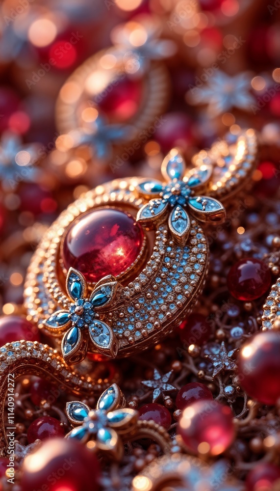 Elegant gold jewelry adorned with red gemstones and blue floral designs Elegant gold jewelry adorned with red gemstones and blue floral designs