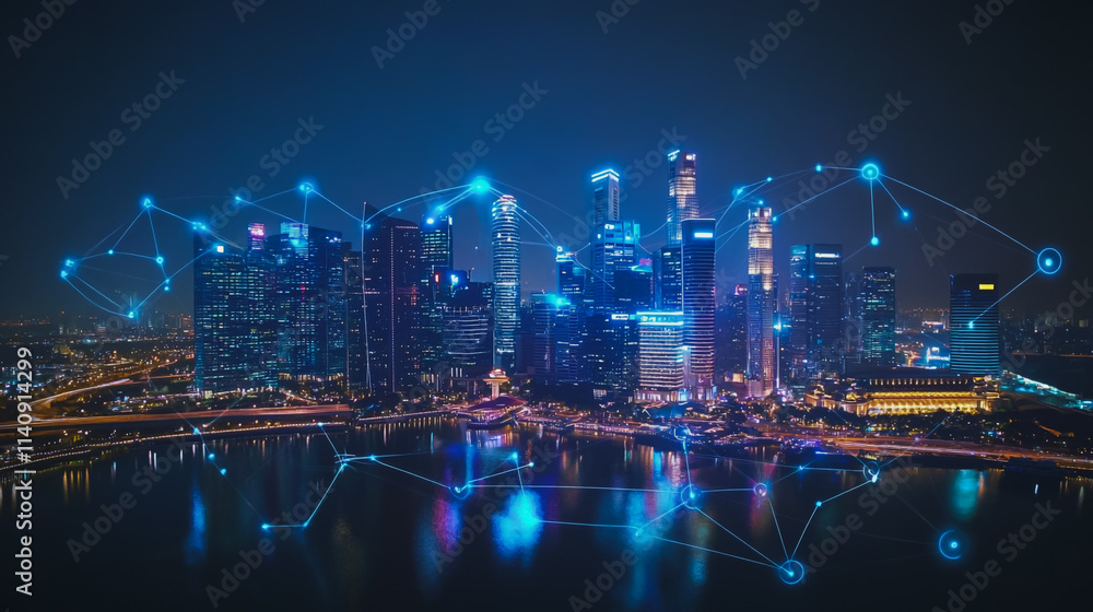 Fototapeta premium Abstract businessman stands on the peak of success Smart digital city with connection cyber security network reciprocity over the cityscape future wireless digital city and social media networking
