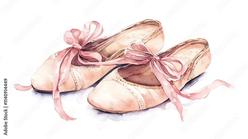 Watercolor illustration of a pair of ballet slippers tied with a ribbon.--ar 16:9 Watercolor illustration of a pair of ballet slippers tied with a ribbon.--ar 16:9