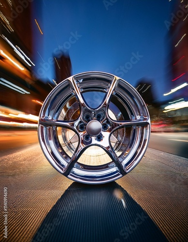 Chrome alloy wheel on city street at night. photo