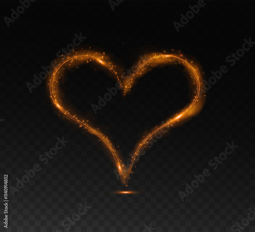 Gold star trail in the shape of a heart. Shimmering dust flying and leaving behind a heart-shaped trail. Bright dust particles glow with the special festive light of Christmas. Christmas card backgrou photo