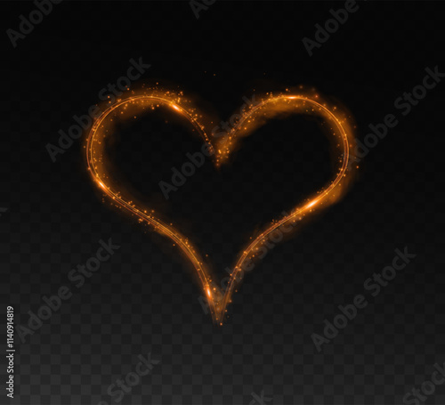 Gold star trail in the shape of a heart. Shimmering dust flying and leaving behind a heart-shaped trail. Bright dust particles glow with the special festive light of Christmas. Christmas card backgrou photo