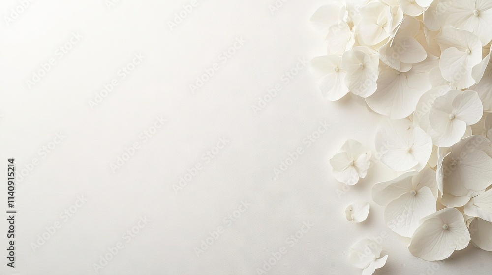A group of white blossoms rests atop a white surface adjacent to a vase with an arrangement of flowers A group of white blossoms rests atop a white surface adjacent to a vase with an arrangement of flowers