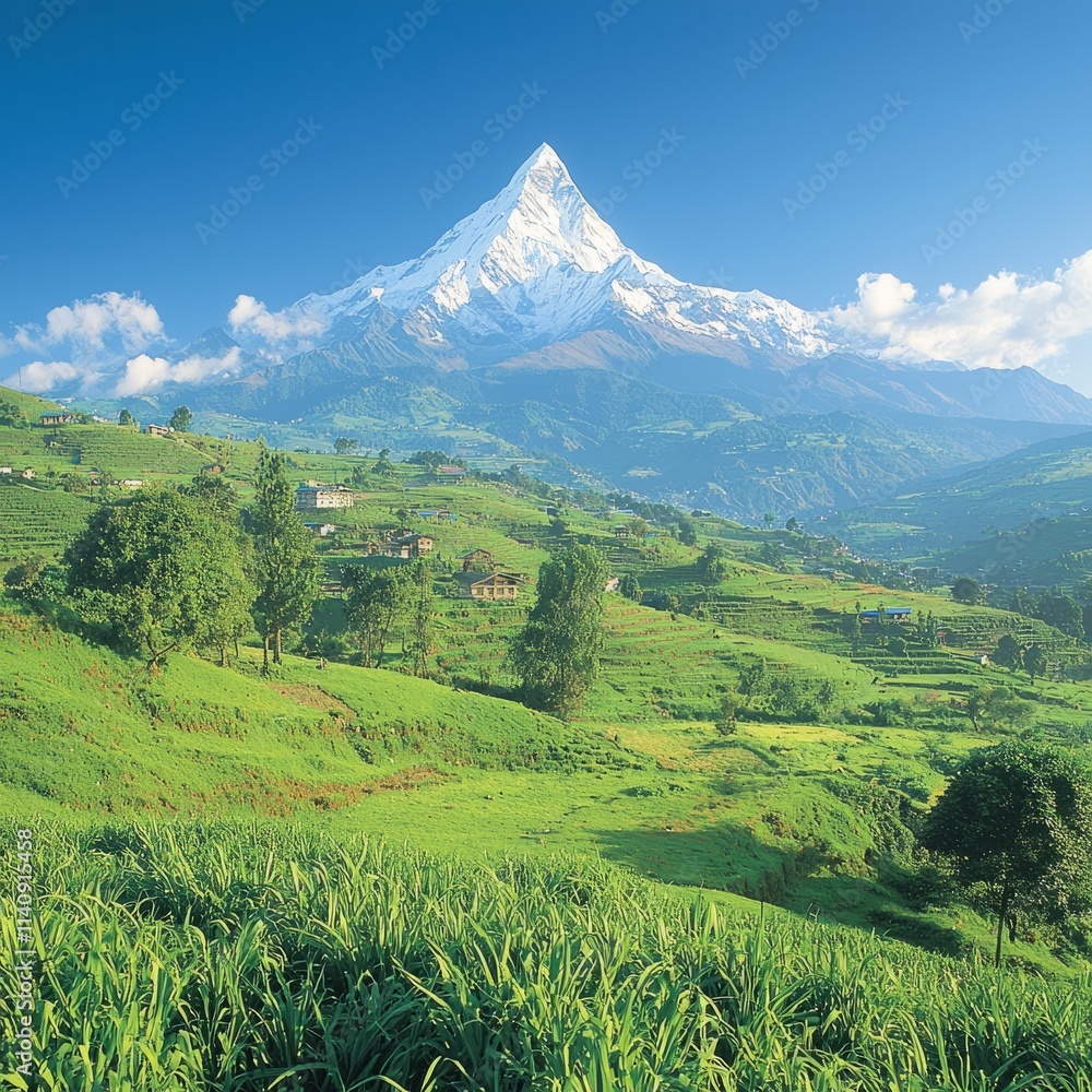 Obraz premium Majestic snow-capped mountain rises above lush green valleys and farmland.