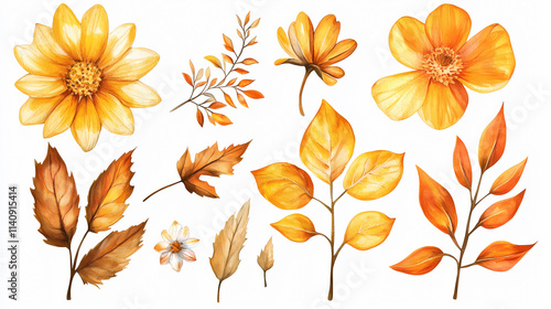 Fototapeta Naklejka Na Ścianę i Meble -  Beautiful floral set with watercolor hand drawn gentle autumn fall flowers. stock floral illustration. nature clip art. Floral. Illustration