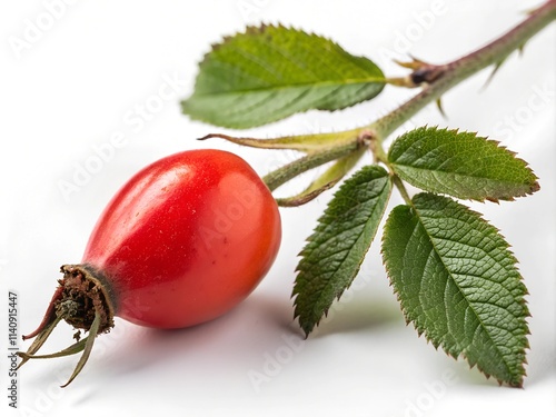 Ripe, bright red rosehip fruit on a branch with green leaves on a white background. The image is suitable for use in projects related to medicine. photo