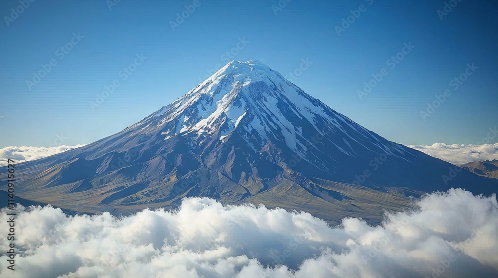 Majestic snow-capped volcano rising above fluffy clouds under a clear blue sky. Majestic snow-capped volcano rising above fluffy clouds under a clear blue sky.