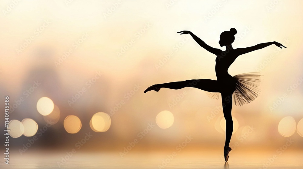 A ballerina's silhouette stands out against a hazy urban backdrop, framed by a vibrant sunset A ballerina's silhouette stands out against a hazy urban backdrop, framed by a vibrant sunset