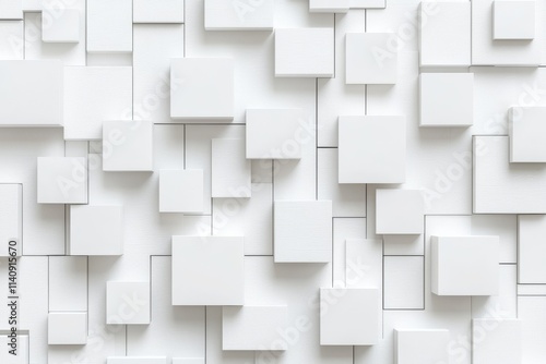 A geometric block design of abstract 3D white cube boxes with random patterns, ideal for backgrounds, wallpapers, or banners with copy space.