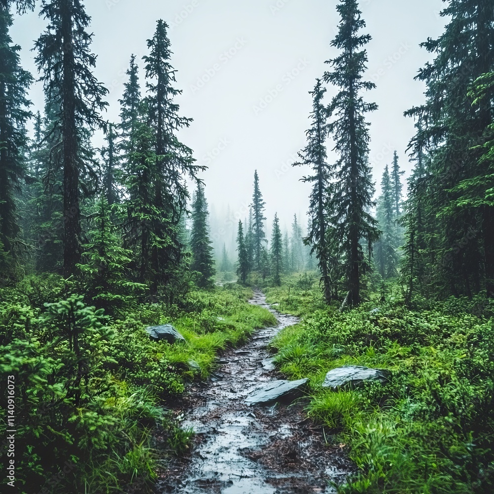Misty forest pathway surrounded by tall trees and lush greenery. Misty forest pathway surrounded by tall trees and lush greenery.