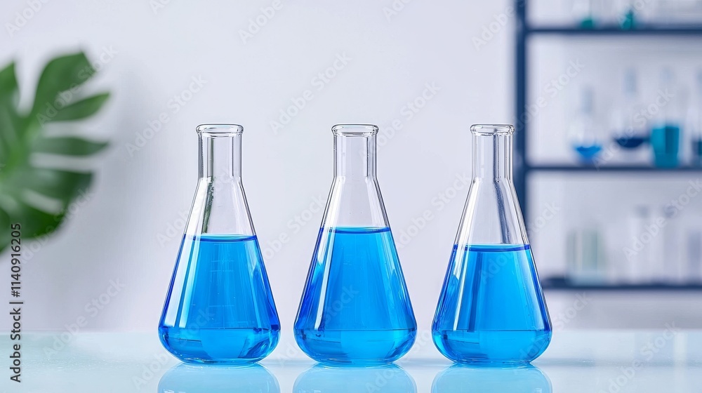Bright lab beakers filled with blue fluid on a shiny surface in a well-lit, sterile lab during the day. Bright lab beakers filled with blue fluid on a shiny surface in a well-lit, sterile lab during the day.