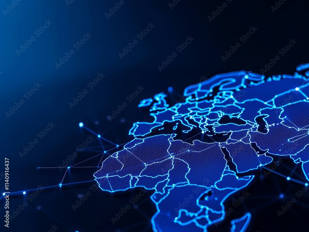 Obraz premium A futuristic abstract technology concept featuring a globe with bright blue digital network lines, set against a dark space background, highlighting innovation and tech in 32k high resolution.