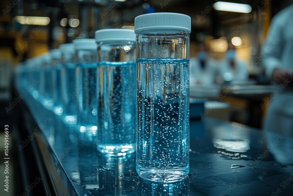 In the background, a researcher works diligently as rows of transparent glass vials, filled with vaccines, are precisely lined up on a sterile lab bench, symbolizing progress in medical research and In the background, a researcher works diligently as rows of transparent glass vials, filled with vaccines, are precisely lined up on a sterile lab bench, symbolizing progress in medical research and