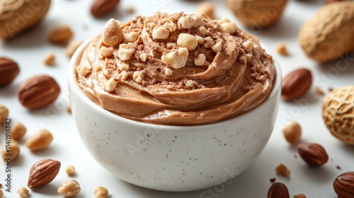 Creamy Chocolate Nut Spread with Chopped Nuts in a White Bowl Surrounded by Assorted Nuts on a Light Background