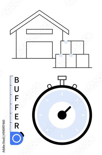 Warehouse boxes buffer gauge stopwatch. Ideal for logistics, inventory control, efficiency, time management, supply chain, productivity, planning. Line metaphor