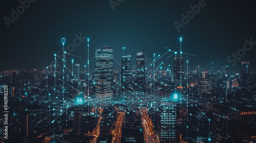 Wallpaper Mural Smart digital city with connection cyber security network reciprocity over the cityscape . future smart wireless digital city and social media networking systems that connects people within the city Torontodigital.ca