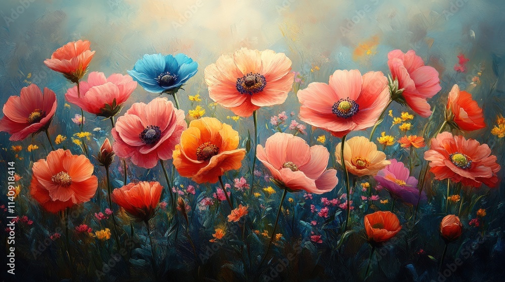 Obraz premium Vibrant poppy field painting, colorful blooms.