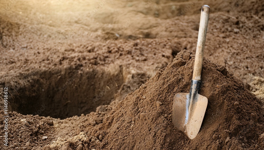 A shovel stuck into a pile of dirt, next to a deep, uneven pit A shovel stuck into a pile of dirt, next to a deep, uneven pit