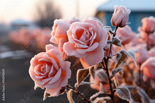 harmony of blossoming rose flowers fills the garden, their vibrant colors glowing in the soft light of the setting sun. The petals, in shades of red, pink, and white, gently sway in the evening breeze photo