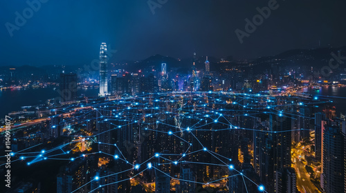 Wallpaper Mural Smart digital city with connection cyber security network reciprocity over the cityscape . future smart wireless digital city and social media networking systems that connects people within the city Torontodigital.ca