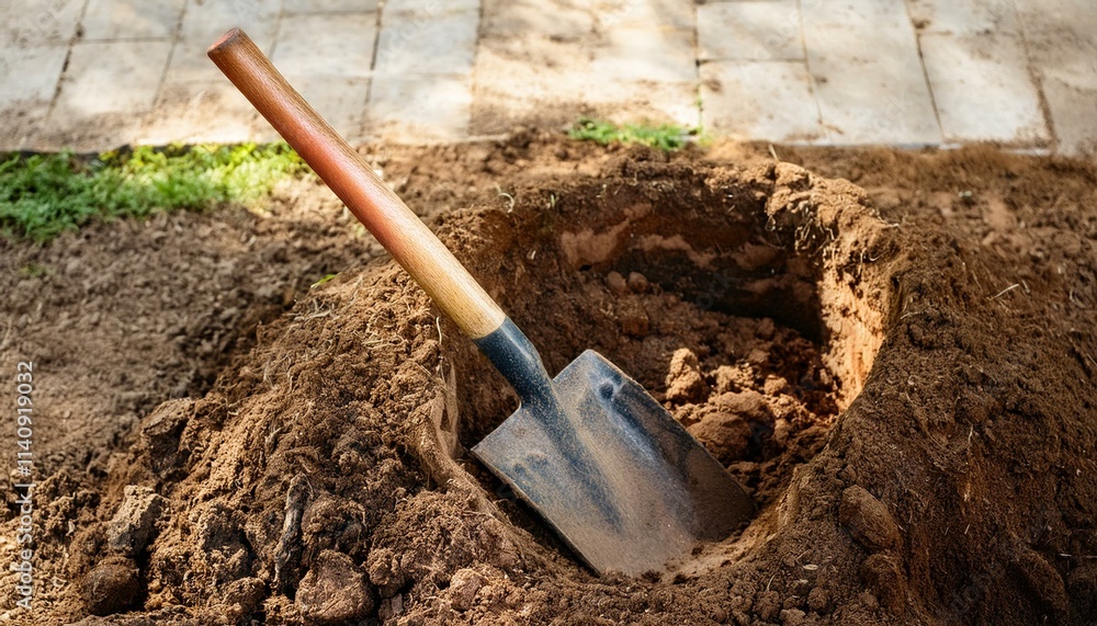 A shovel stuck into a pile of dirt, next to a deep, uneven pit A shovel stuck into a pile of dirt, next to a deep, uneven pit