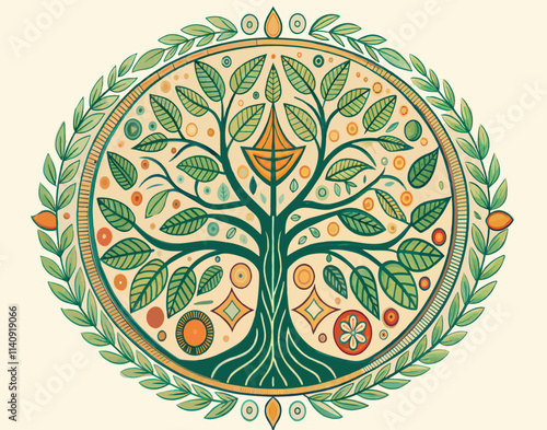 Stylized vector tree of life illustration with leaves and decorative elements on a light background