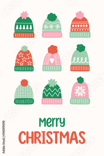 Christmas poster in cartoon style. Greeting card decorated with winter hats. Vector illustration