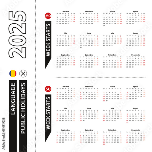 Two versions of 2025 calendar in Romanian, week starts from Monday and week starts from Sunday.