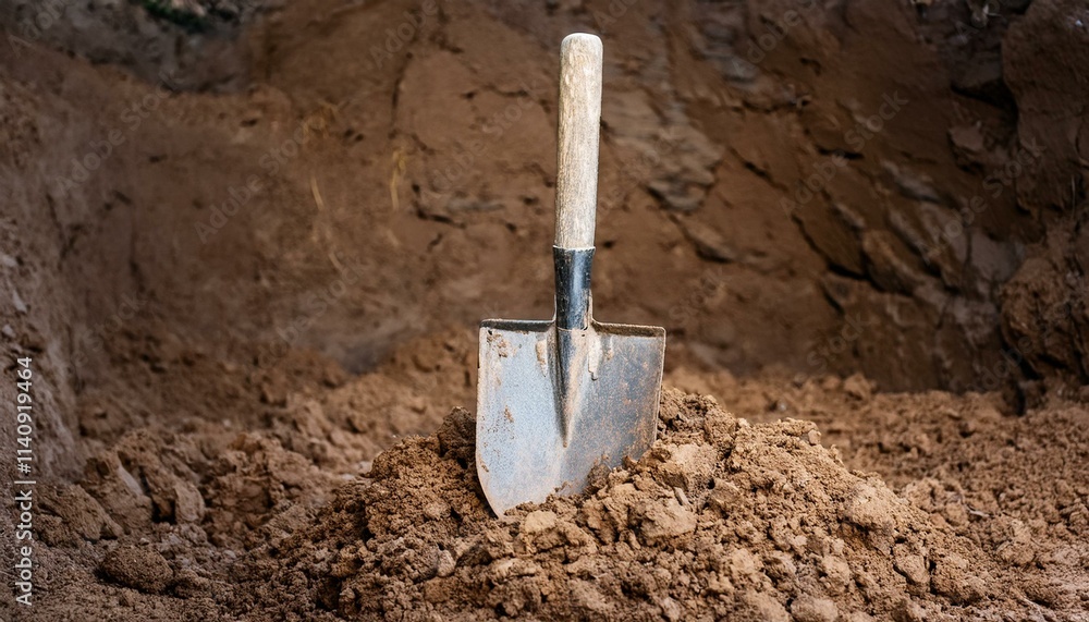A shovel stuck into a pile of dirt, next to a deep, uneven pit A shovel stuck into a pile of dirt, next to a deep, uneven pit
