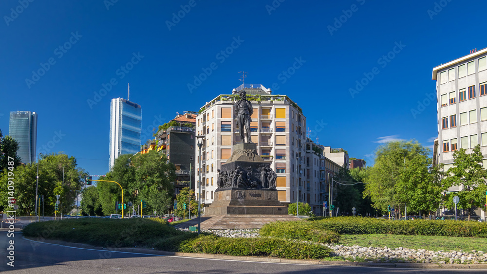 Fototapeta premium Statue of Giuseppe Verdi, in the front of Casa Verdi timelapse hyperlapse Milan, Italy