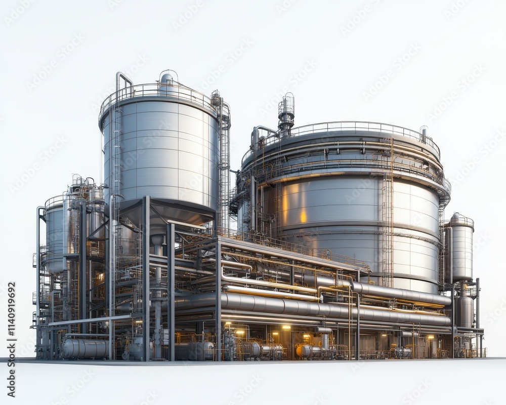 Large industrial storage tanks with metallic pipes, showcasing a modern manufacturing facility's infrastructure. Large industrial storage tanks with metallic pipes, showcasing a modern manufacturing facility's infrastructure.