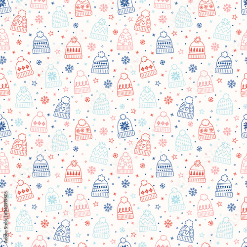 Cute hand drawn winter hat background. Design of a Christmas seamless pattern. Vector illustration