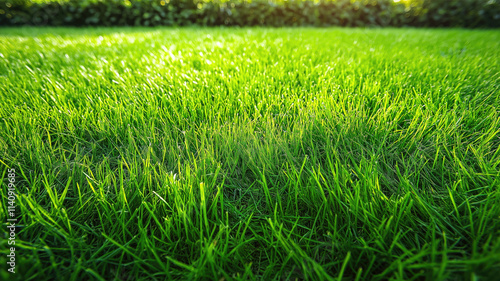 Green lawn with fresh grass outdoors. Nature spring grass background texture. Generative AI
