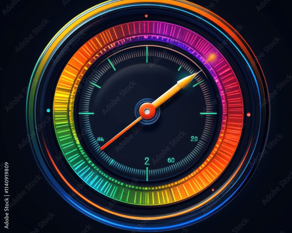 Colorful speedometer with a vibrant rainbow gradient, featuring a sleek black background and an orange needle. Colorful speedometer with a vibrant rainbow gradient, featuring a sleek black background and an orange needle.