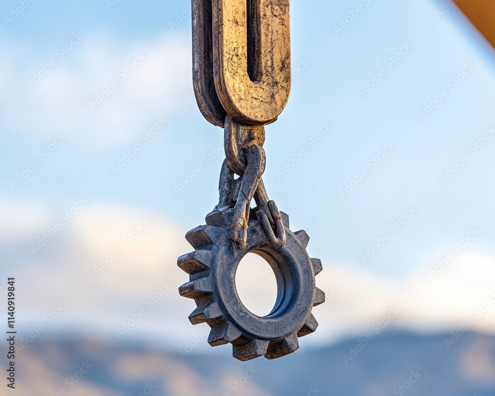 Fototapeta premium Close-up of a metallic pulley gear against a blurred sky, showcasing industrial strength and precision.