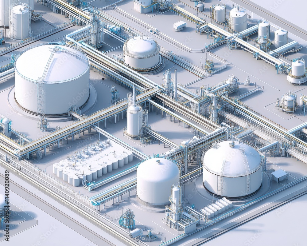 Aerial view of an industrial facility featuring large storage tanks and a complex network of pipelines. Aerial view of an industrial facility featuring large storage tanks and a complex network of pipelines.