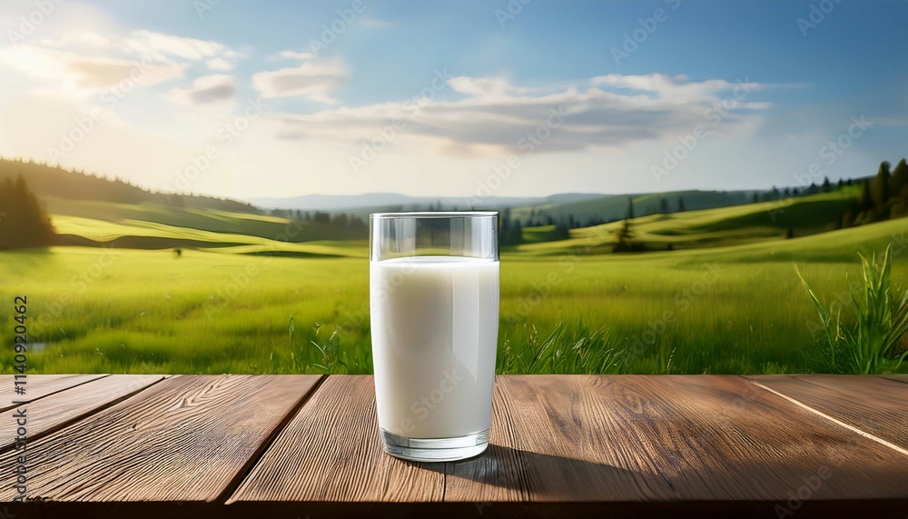glass of milk on wooden table in sunny pasture ideal for farm promotional content glass of milk on wooden table in sunny pasture ideal for farm promotional content