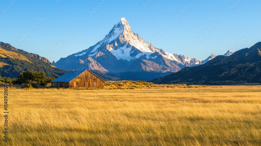 Fototapeta premium Path of beginning and start exploration, A stunning mountain landscape features a snow-capped peak towering over golden fields and a rustic structure, bathed in warm sunlight.