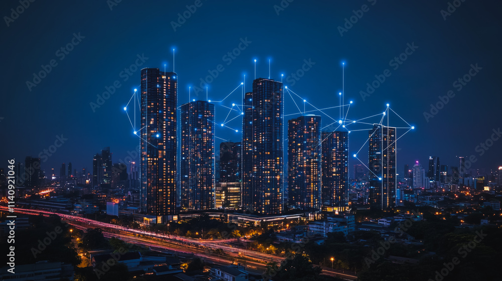 Fototapeta premium Smart digital city with connection cyber security network reciprocity over the cityscape . future smart wireless digital city and social media networking systems that connects people within the city